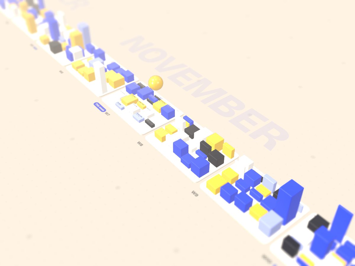 Aerial view of thirteen week columns of task blocks, like a small city
